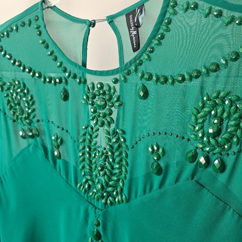 Guess by Marciano Jade Asymetrical Chiffon Beaded Sleeveless Flare Midi Dress